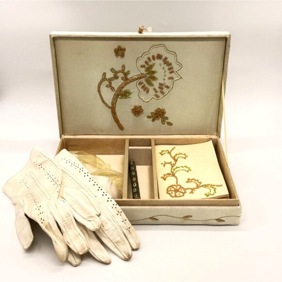 Other - Vtg. Embroidered and Beaded Stationery Box w/Pen, White Leather Driving Gloves